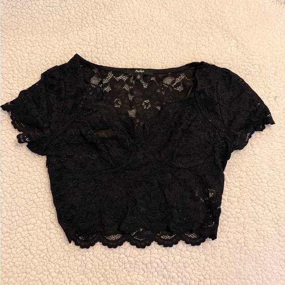 Papaya Tops - Papaya Black Lace Ruffled Crop Blouse- SMALL